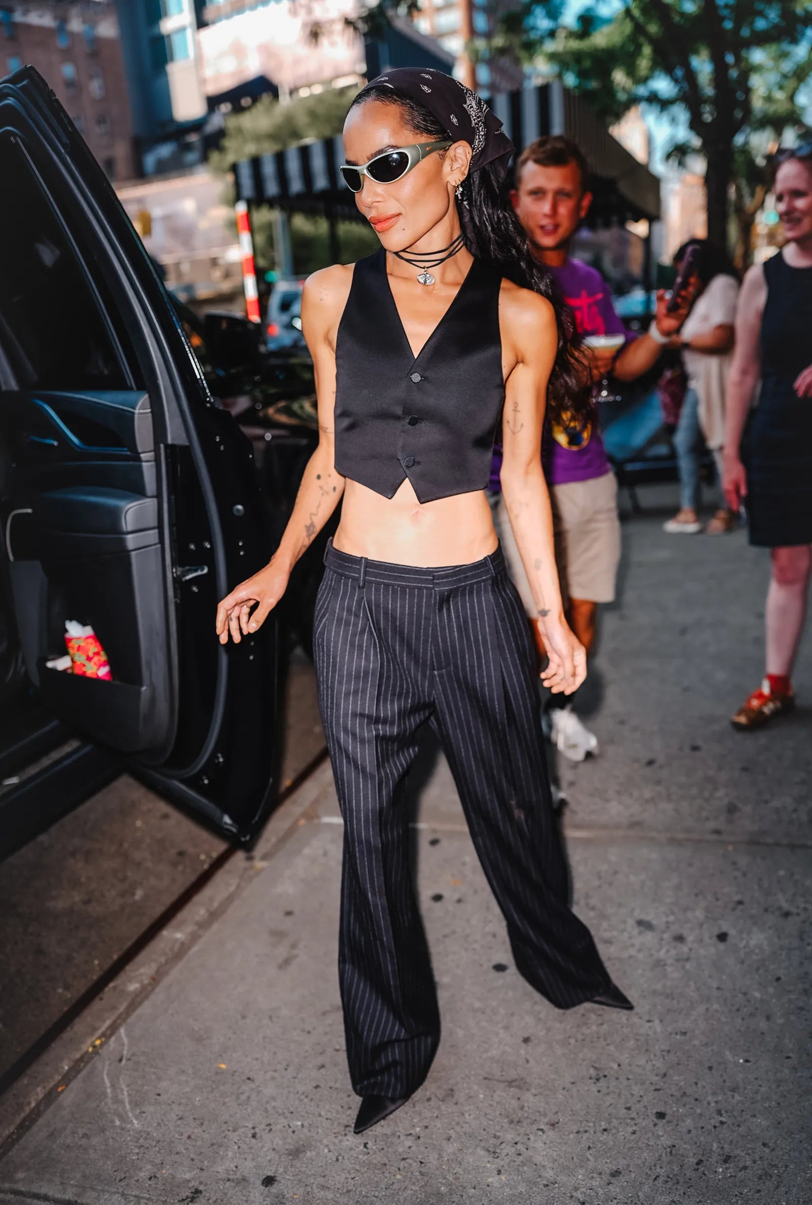 Zoë Kravitz Elevates Low-Rise Trousers with Luxe Jewelry