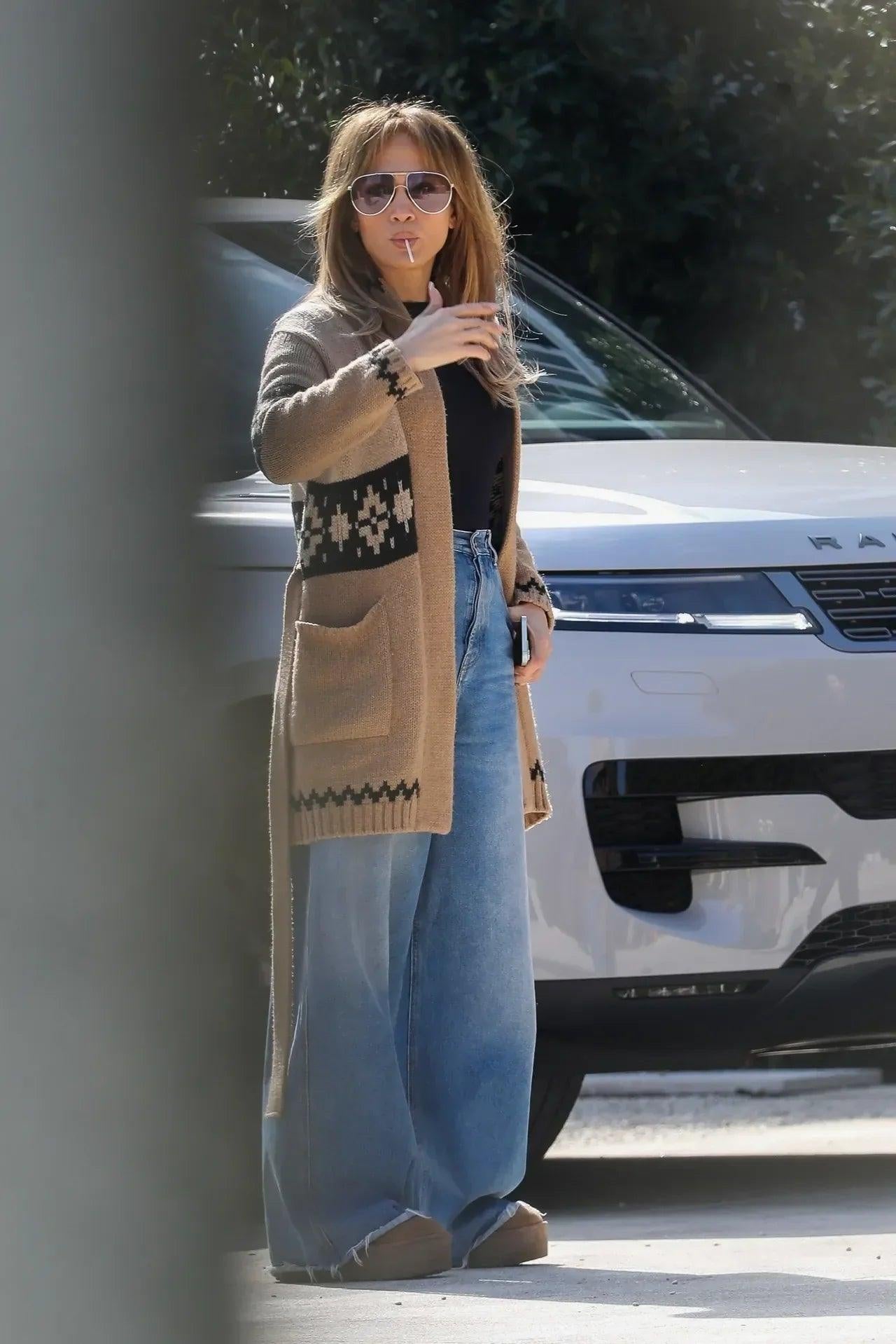 Jennifer Lopez Masters Wide Leg Jeans and Uggs Trend