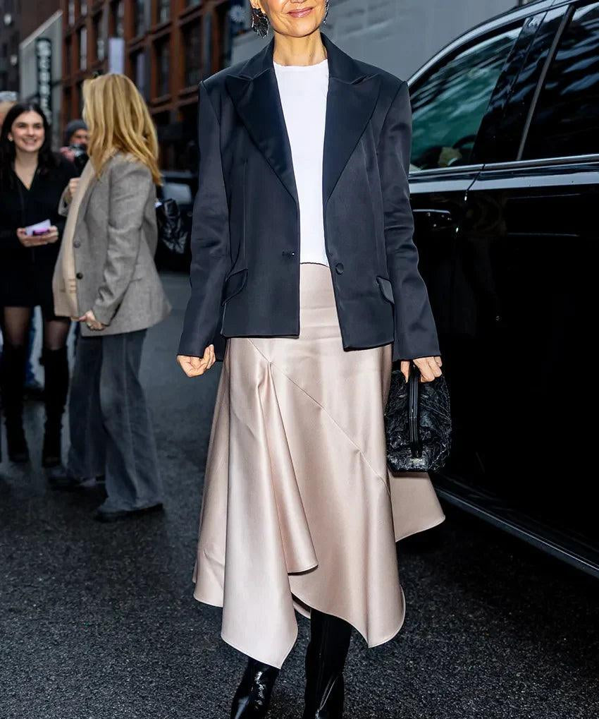 Katie Holmes Elevates the Satin Skirt Trend Effortlessly