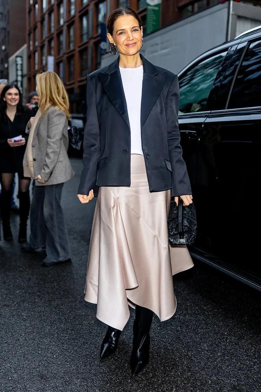 Katie Holmes Elevates the Satin Skirt Trend Effortlessly
