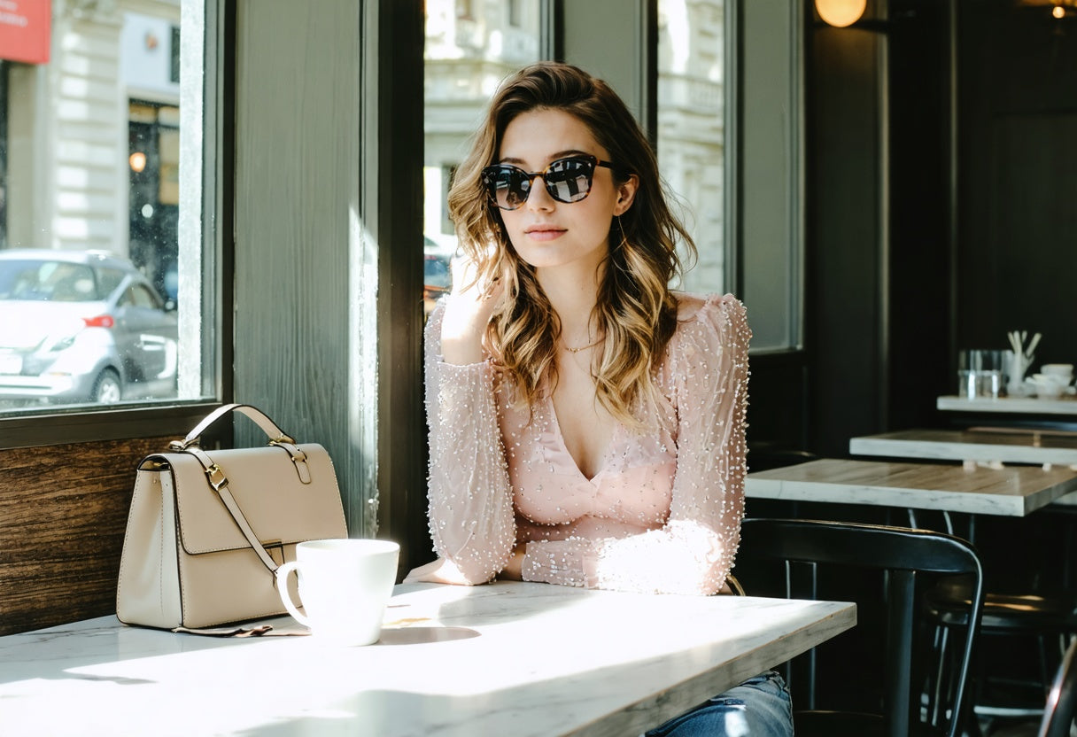 Chic woman in a baby pink sequins top, ready to sparkle up your everyday coffee run