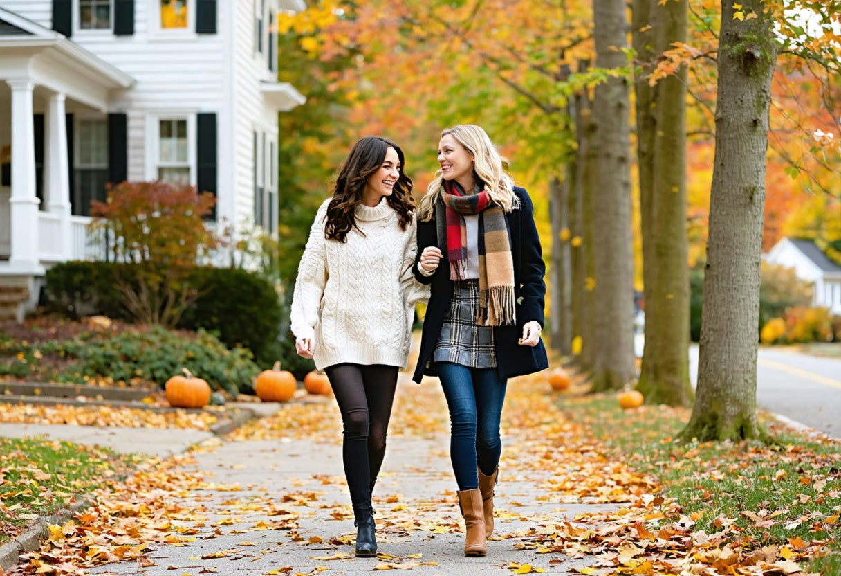 Trendy New England fashion for fall—cozy sweaters, plaid skirts, and playful scarves for style lovers