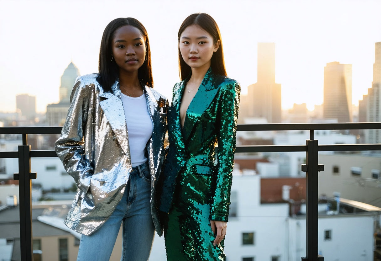 Trendy sequin clothing styles with a silver blazer and green sequin suit for a city rooftop look