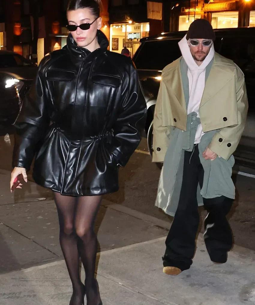 Hailey Bieber’s Cinch Waist Leather Jacket Is a Must-Have - Arrisco